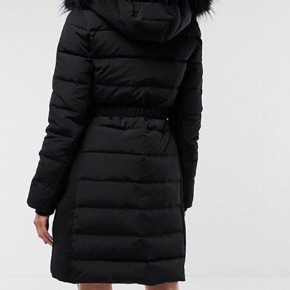 NEW EXPRESS Black Long Down Belted Smocked Puffer Jacket Coat XXS - Picture 10 of 10